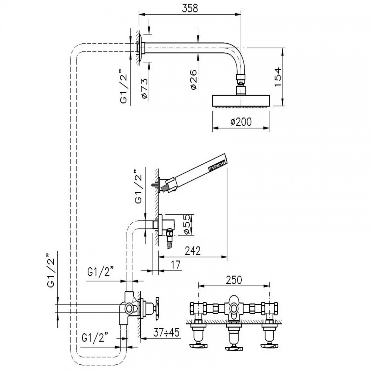 Officina Nicolazzi Elica Built-in shower unit with diverter, diam.20 cm and duplex blower