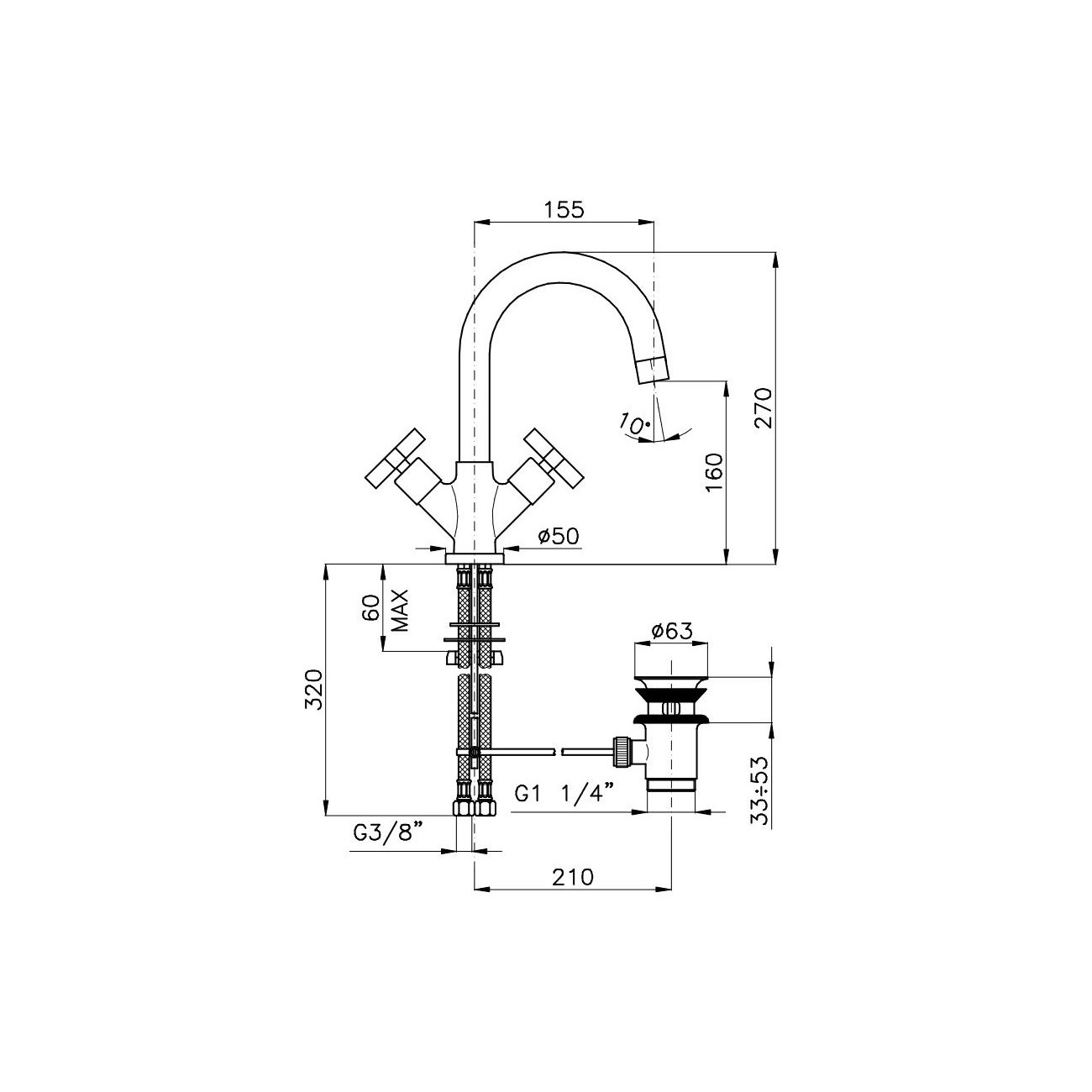 Officina Nicolazzi Monte Croce, Single hole automatic drain basin, swivel barrel