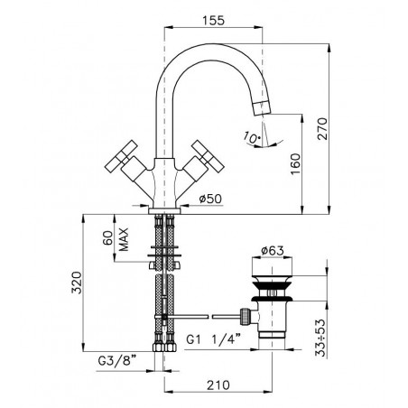 Officina Nicolazzi Monte Croce, Single hole automatic drain basin, swivel barrel