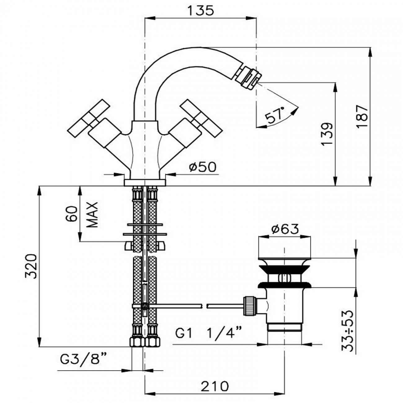 Officina Nicolazzi Monte Croce, Monoforo bidet scarico automatico, canna girevole