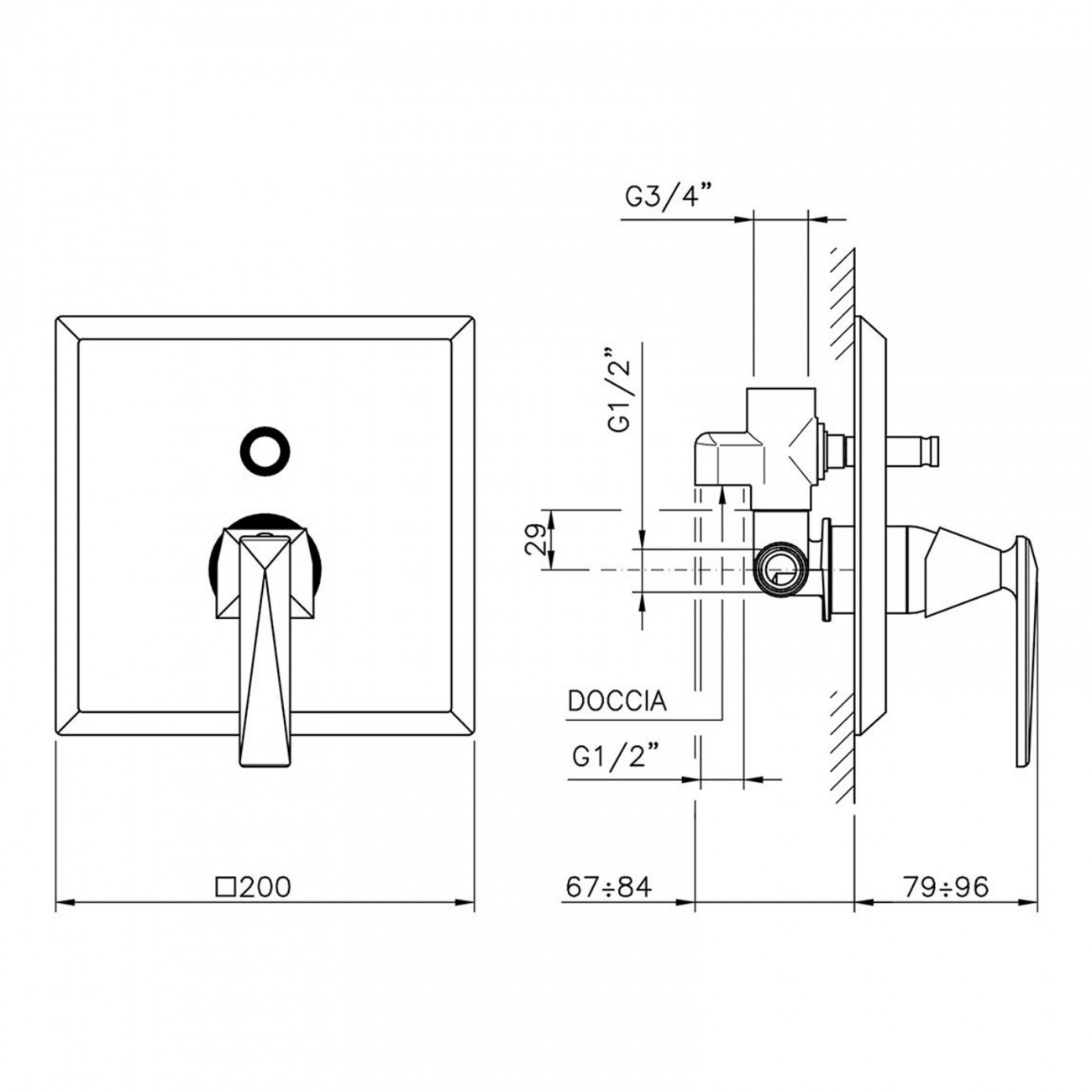 Officina Nicolazzi Monocomando Vincent, Monocommande de douche encastrée avec déviateur