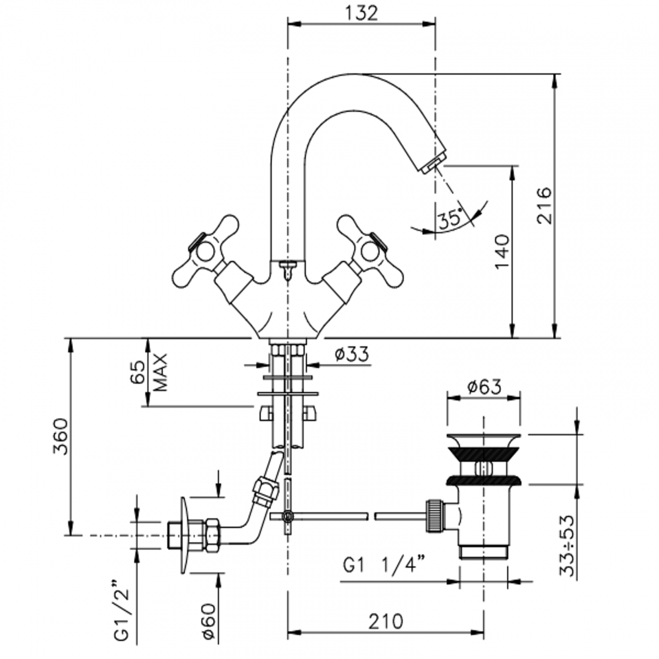 Officina Nicolazzi Nuova Brenta, Monotrou lavabo vidange automatique, pivot