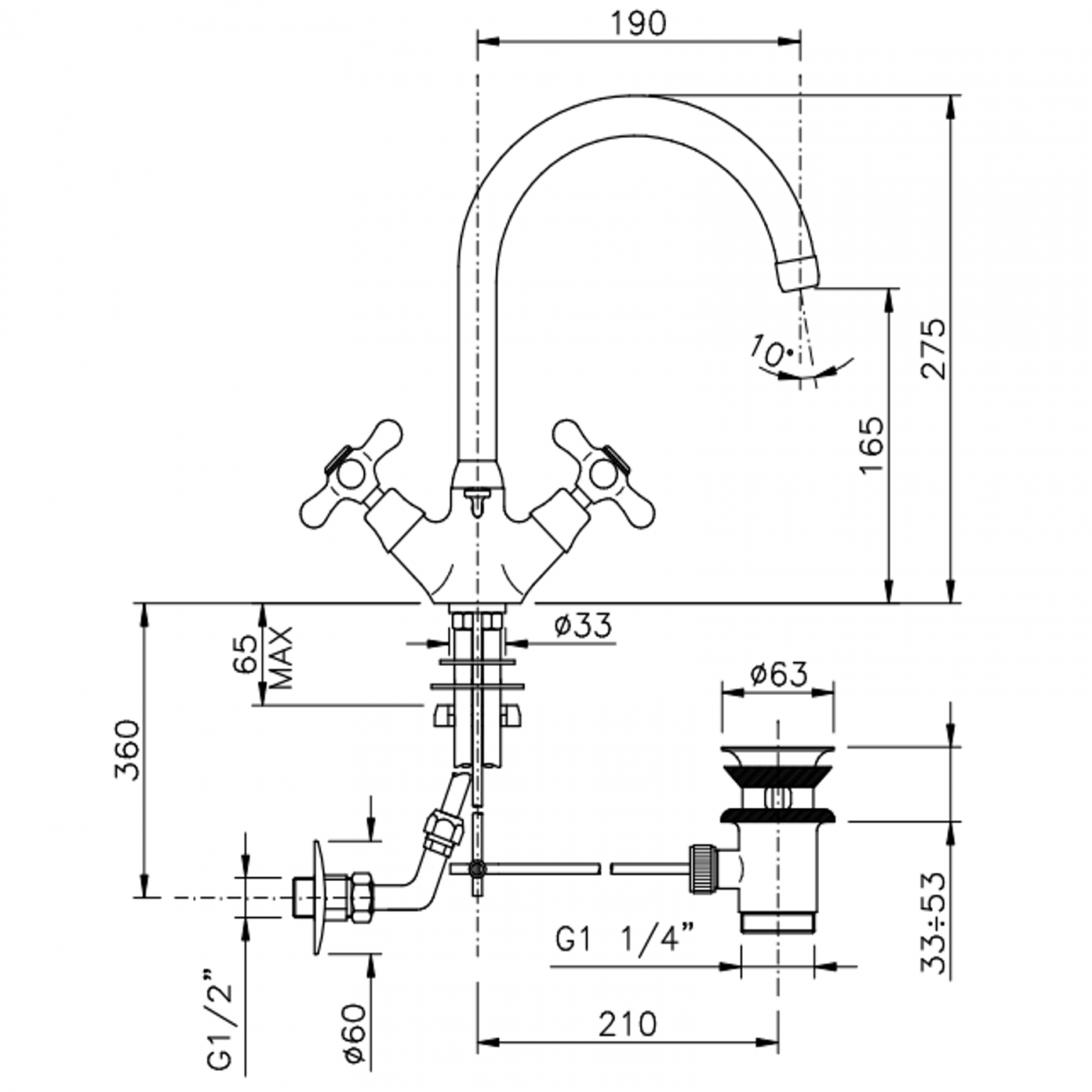 Officina Nicolazzi Nuova Brenta, Single hole automatic drain basin, swivel barrel
