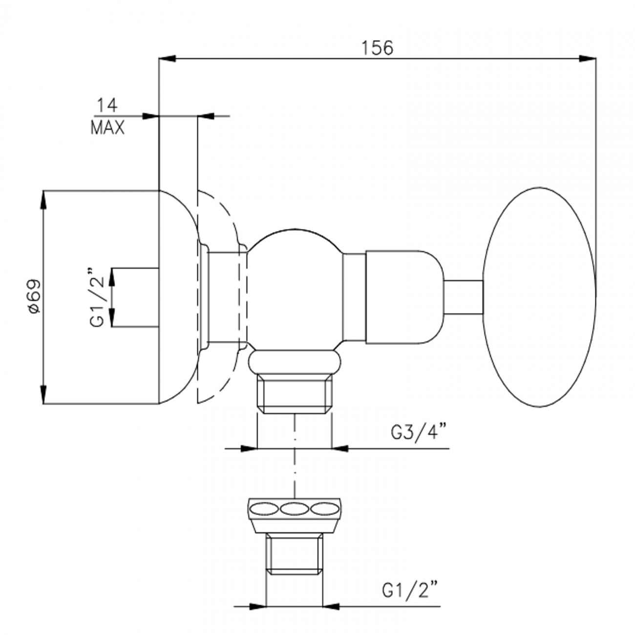 Officina Nicolazzi Cristallo di Rocca, 3/4" washing machine tap with 1/2" connection