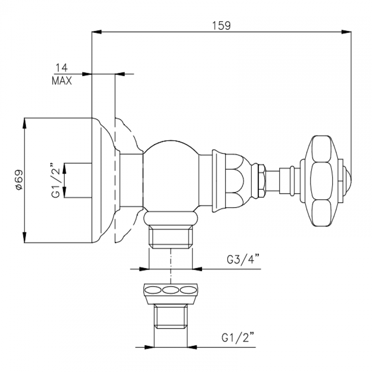 Officina Nicolazzi Teide Chic, 3/4" washing machine tap with 1/2" flex connection