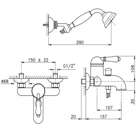 Officina Nicolazzi Monocomando Classico, Monocomando vasca esterno con doccia