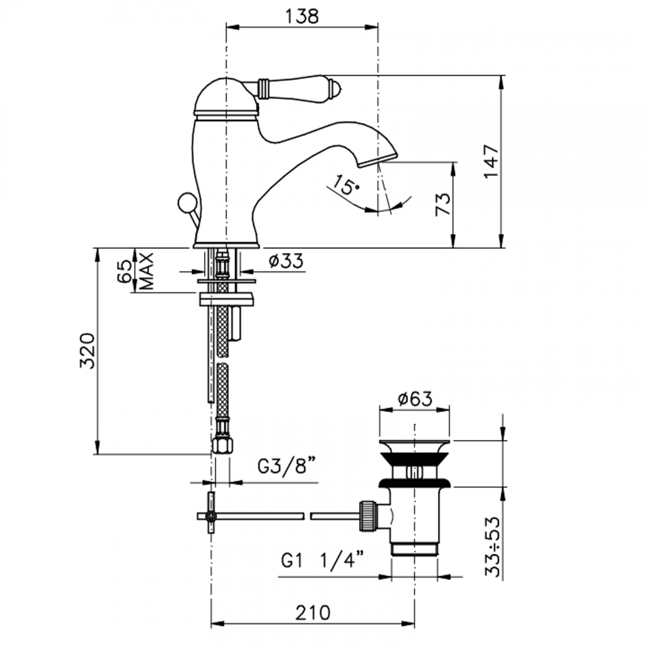 Officina Nicolazzi Monocomando Classico, Monocommande pour lavabo avec scaricco automatique