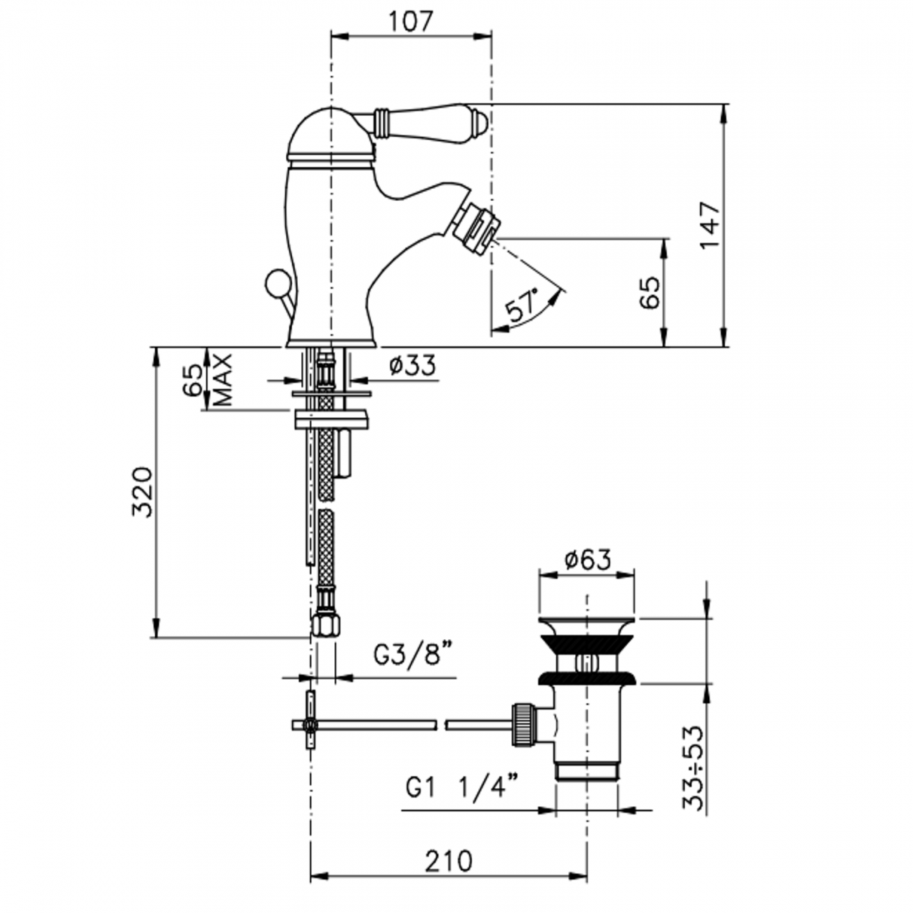Officina Nicolazzi Monocomando Classico, Single lever bidet with automatic drain