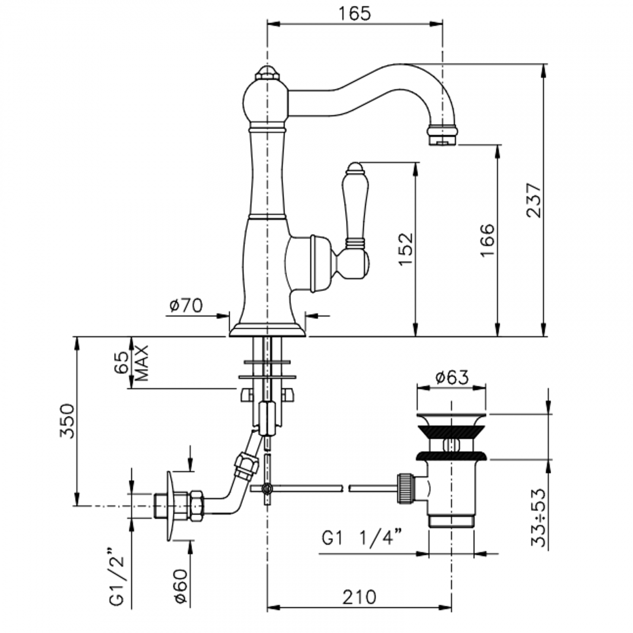 Officina Nicolazzi Monocomando Classico, Commande unique pour lavabo avec vidange automatique