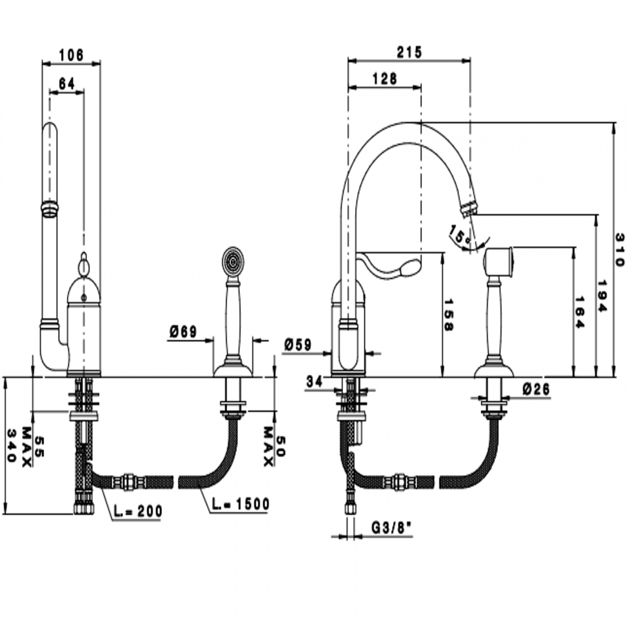 Officina Nicolazzi Signal, Single lever sink swivel rod c/ removable shower