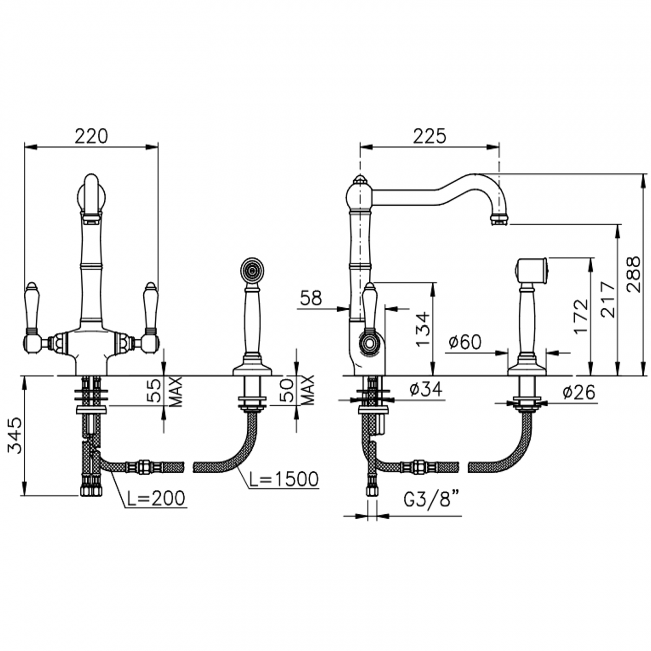 Officina Nicolazzi El Capitan, Single hole sink, swivel barrel, pull-out shower