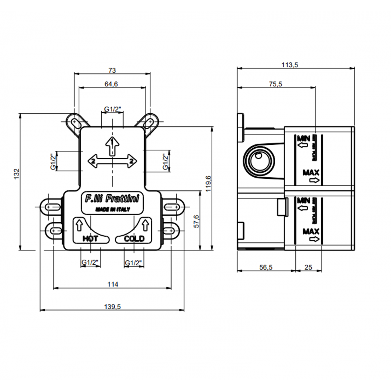 F.lli Frattini Borgia 316 Inox, Monocommande encastrée à 2 voies
