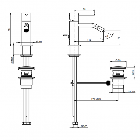 F.lli Frattini Pepe XL 316 Inox, Monocommande pour bidet avec vidange 1'1/4