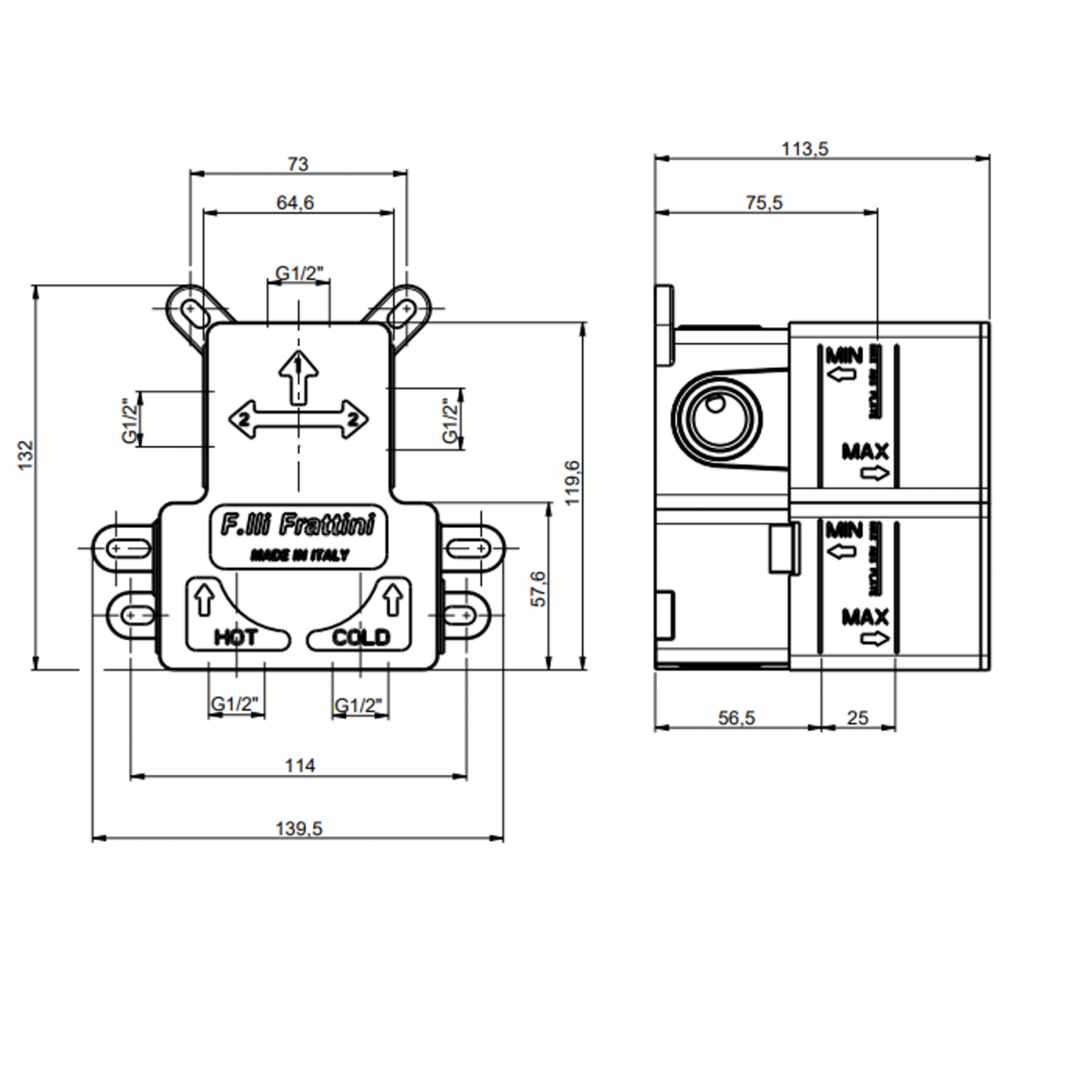 F.lli Frattini Pepe XL 316 Inox, Monocommande encastré 1 voie