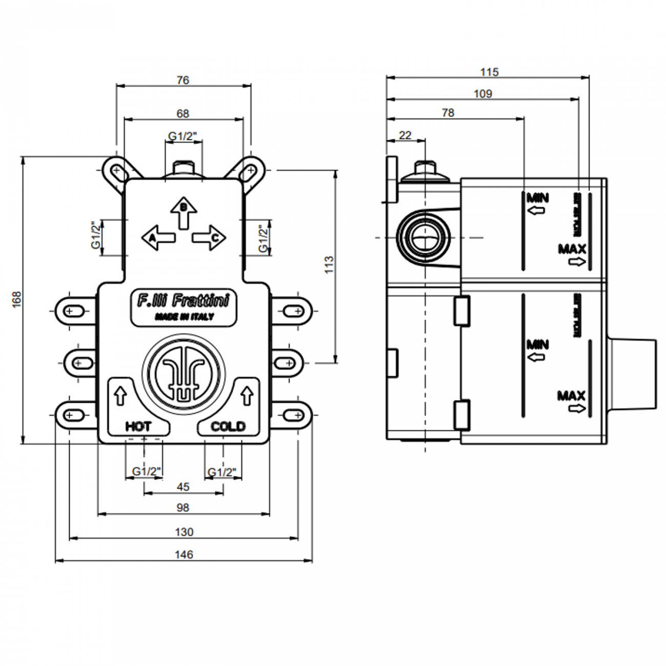 F.lli Frattini Pepe XL 316 Inox, Monocomando incasso con deviatore 2-3 Vie