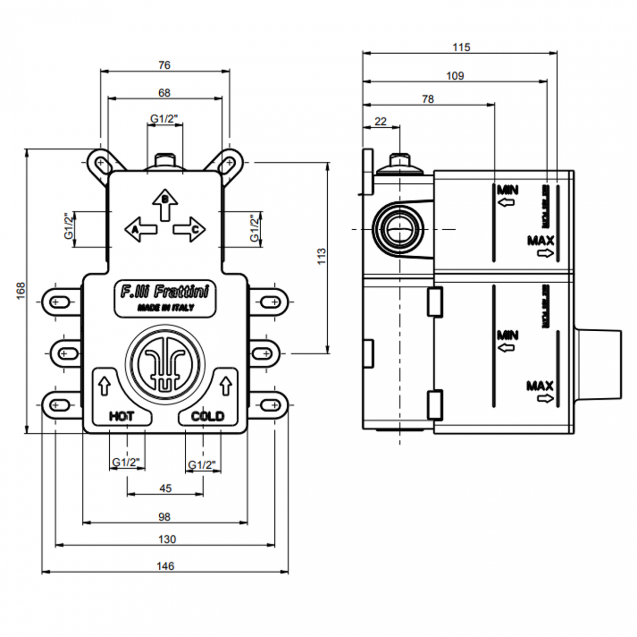 F.lli Frattini Pepe XL 316 Inox, Mélangeur thermostatique avec déviateur 2-3 voies