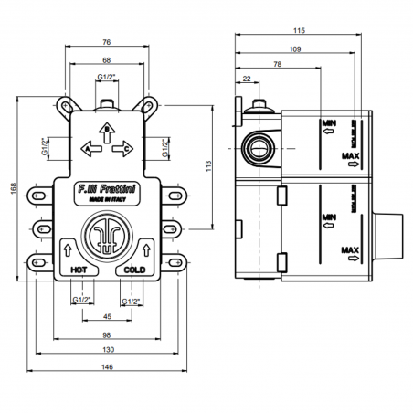 F.lli Frattini Pepe XL 316 Inox, Mélangeur thermostatique avec déviateur 2-3 voies