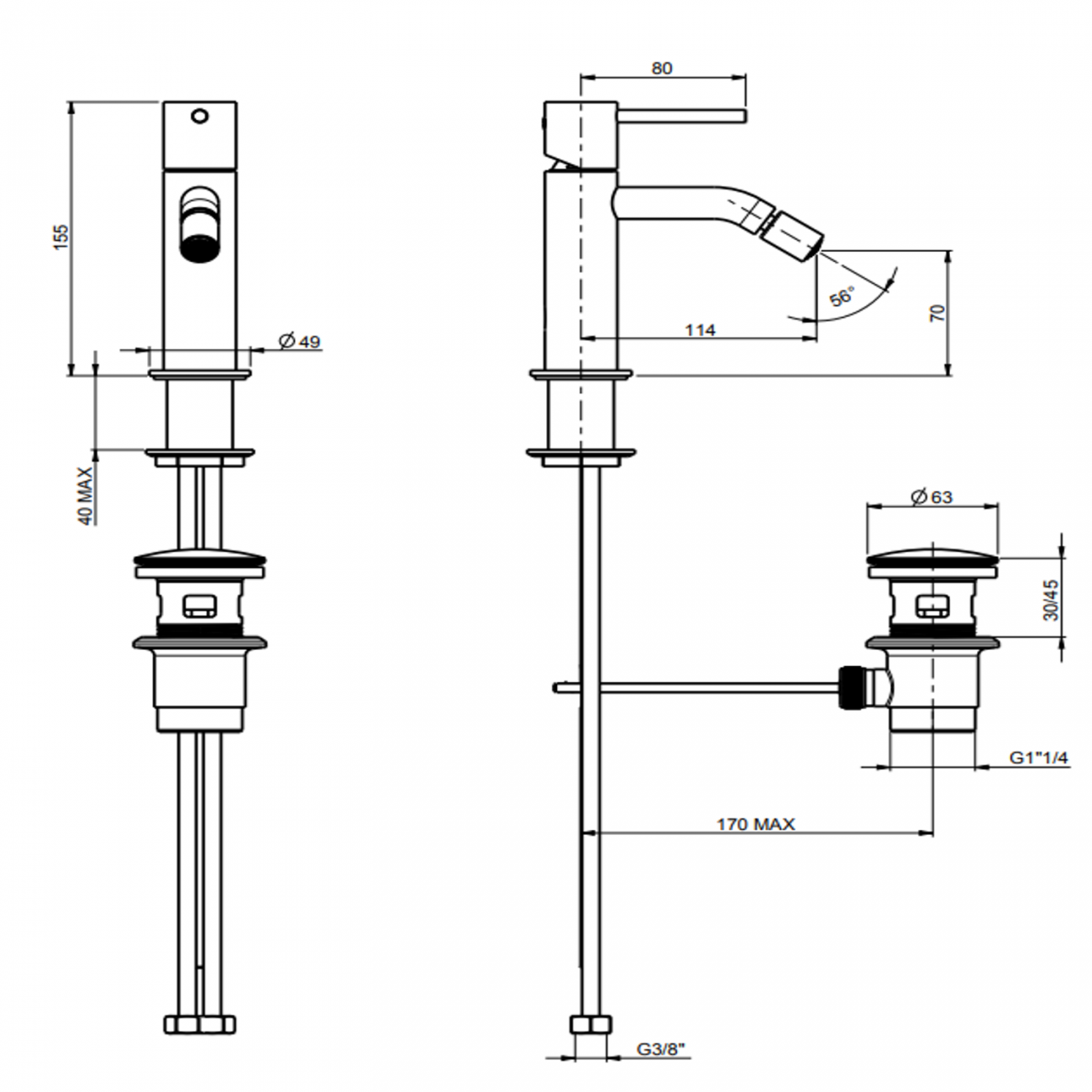 F.lli Frattini Pepe XLS 316 Inox, Monocommande pour bidet avec vidange