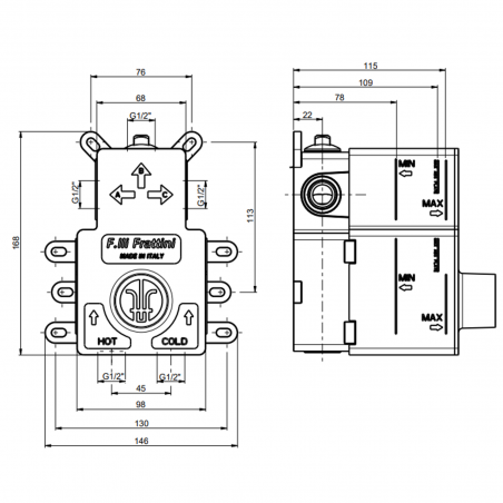 F.lli Frattini Pepe XLS 316 Inox, Built-in single lever with diverter 2-3 ways