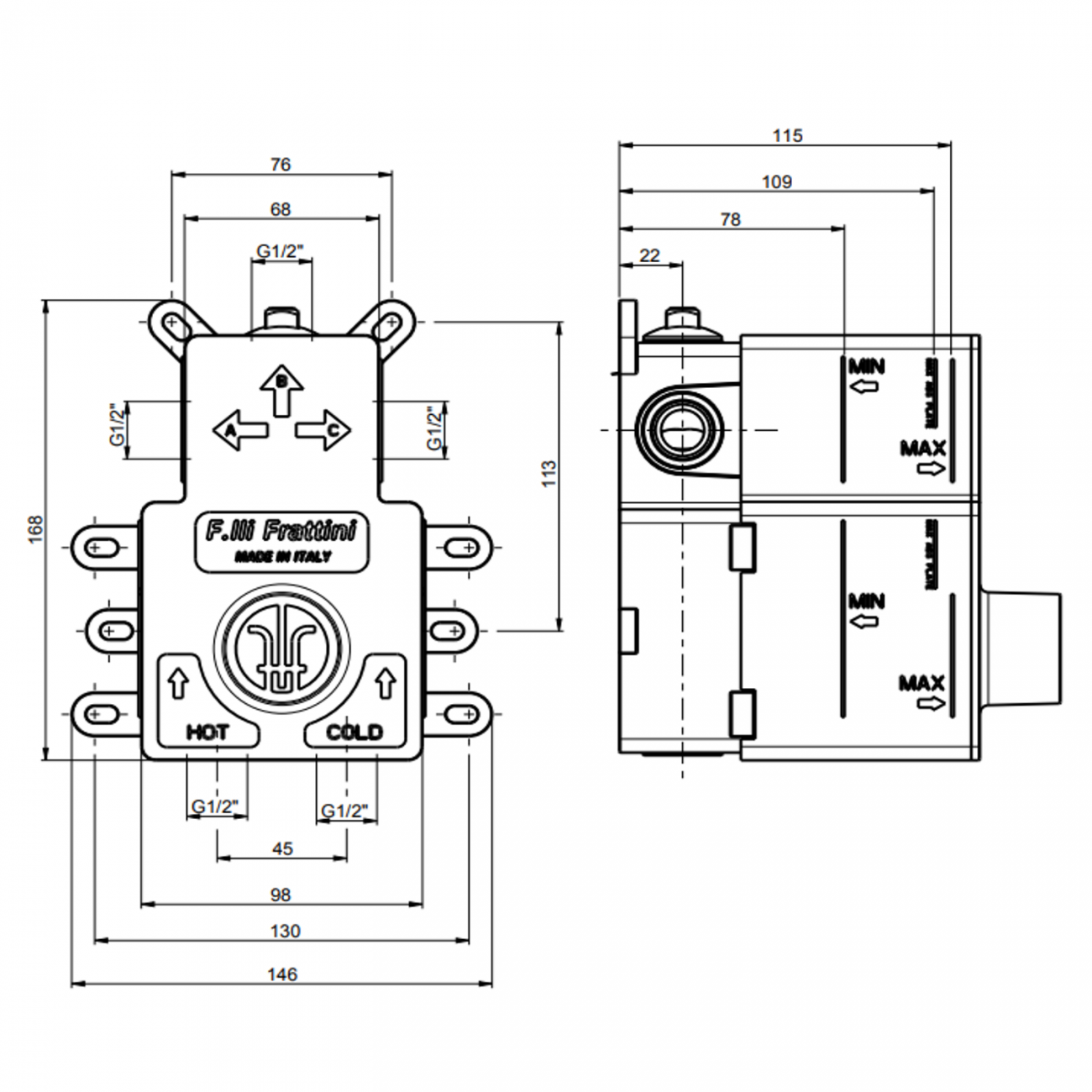 F.lli Frattini Pepe XLS 316 Inox, Miscelatore incasso termostatico 2-3 vie