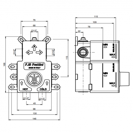 F.lli Frattini Pepe XLS 316 Inox, Miscelatore incasso termostatico 2-3 vie