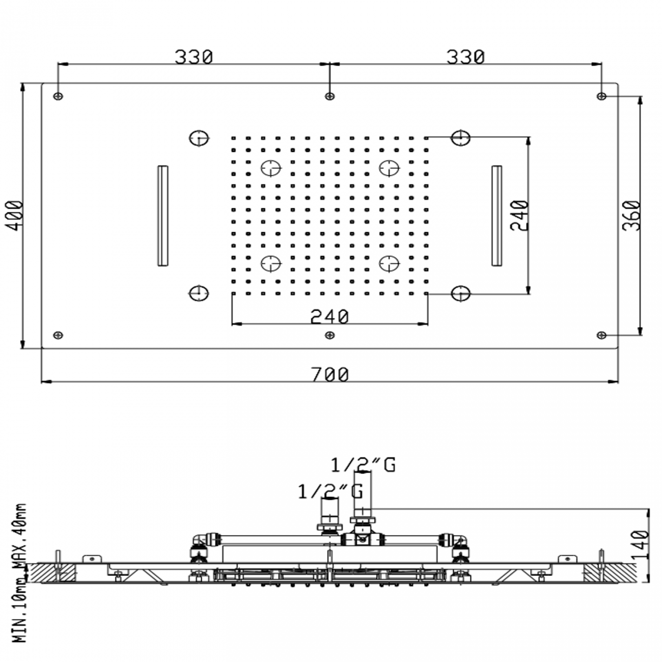F.lli Frattini Docce Inox, Built-in shower head 70x40 cm