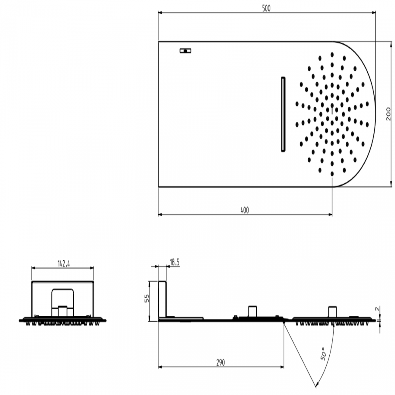 F.lli Frattini Docce Inox, Pomme de douche stondato pluie et cascade 50x20 cm