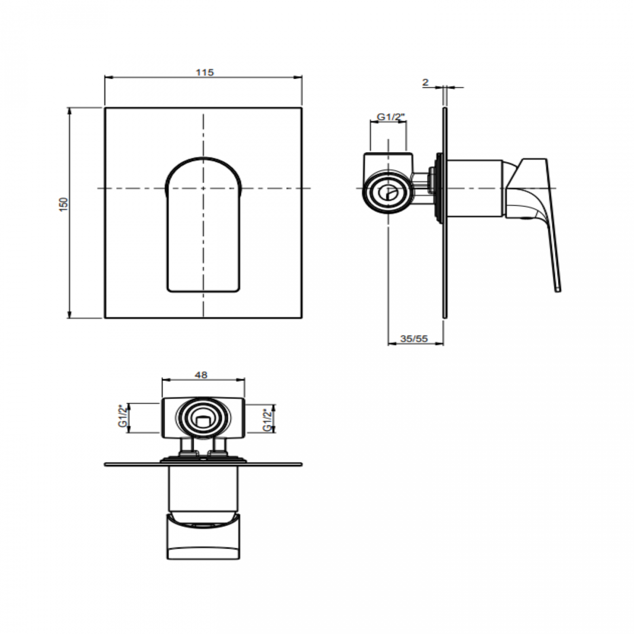 F.lli Frattini Narciso, Complete built-in single-lever shower mixer, brass plate