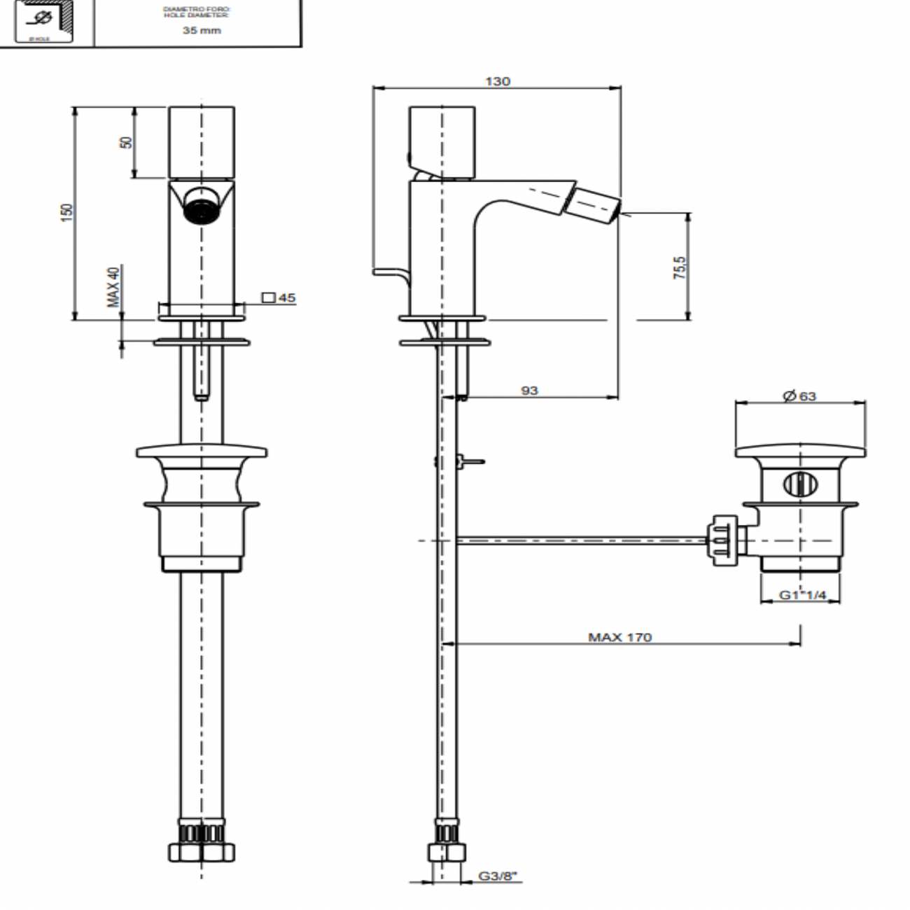 F.lli Frattini Narciso S, Single lever bidet with 1"1/4 drain
