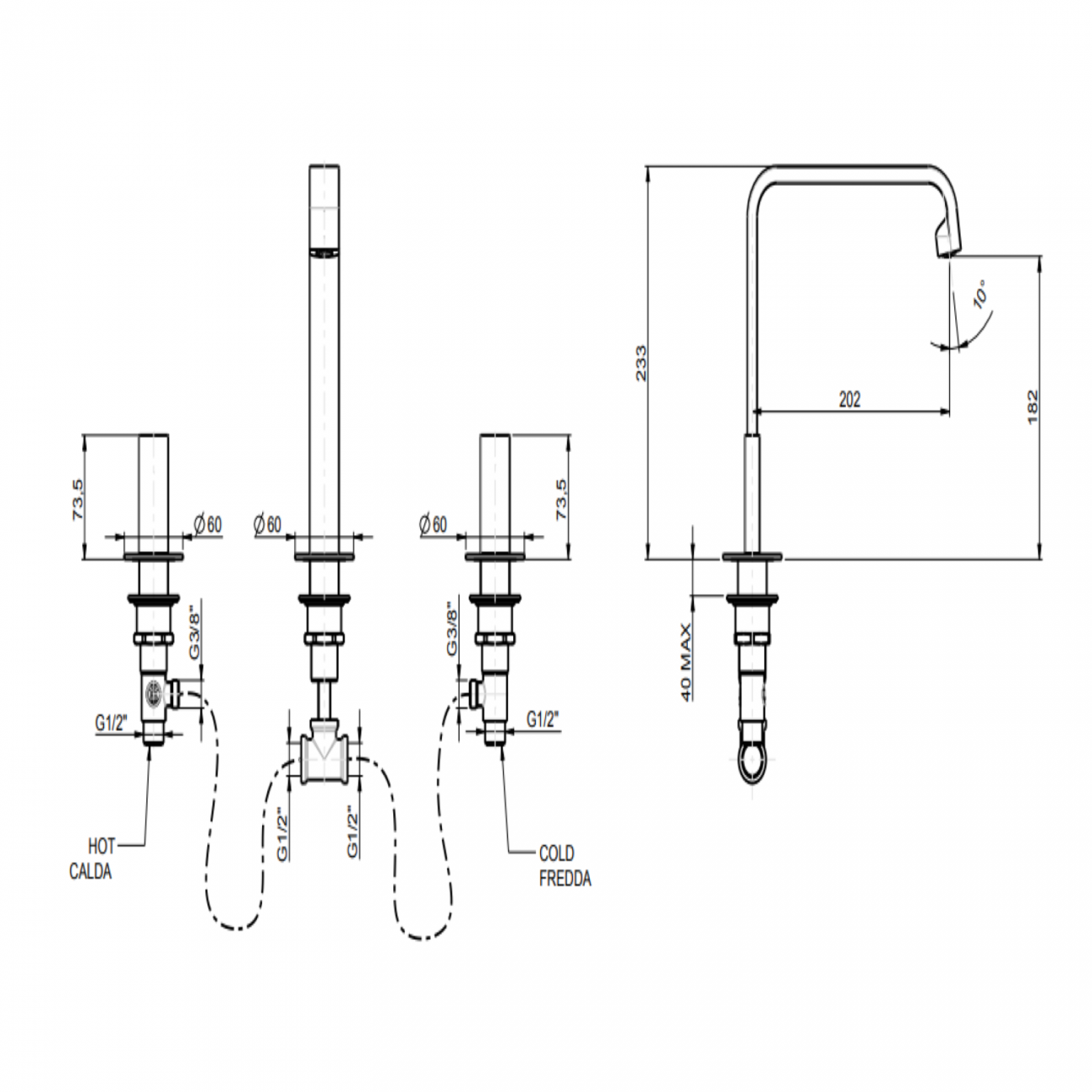 F.lli Frattini Vita M Style, Batterie de lavabo avec bouche haute fixe