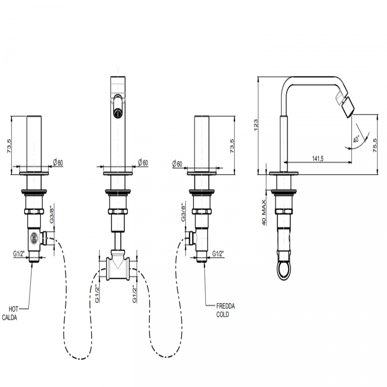 F.lli Frattini Vita M Style, Batterie bidet avec bouche haute fixe