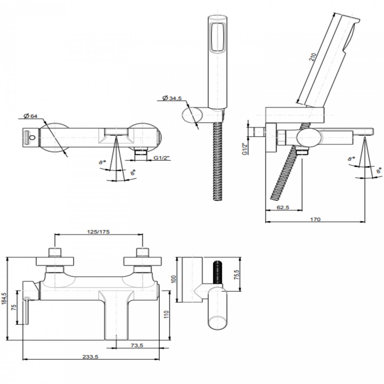 F.lli Frattini Gaia, External single-lever bath mixer with duplex shower