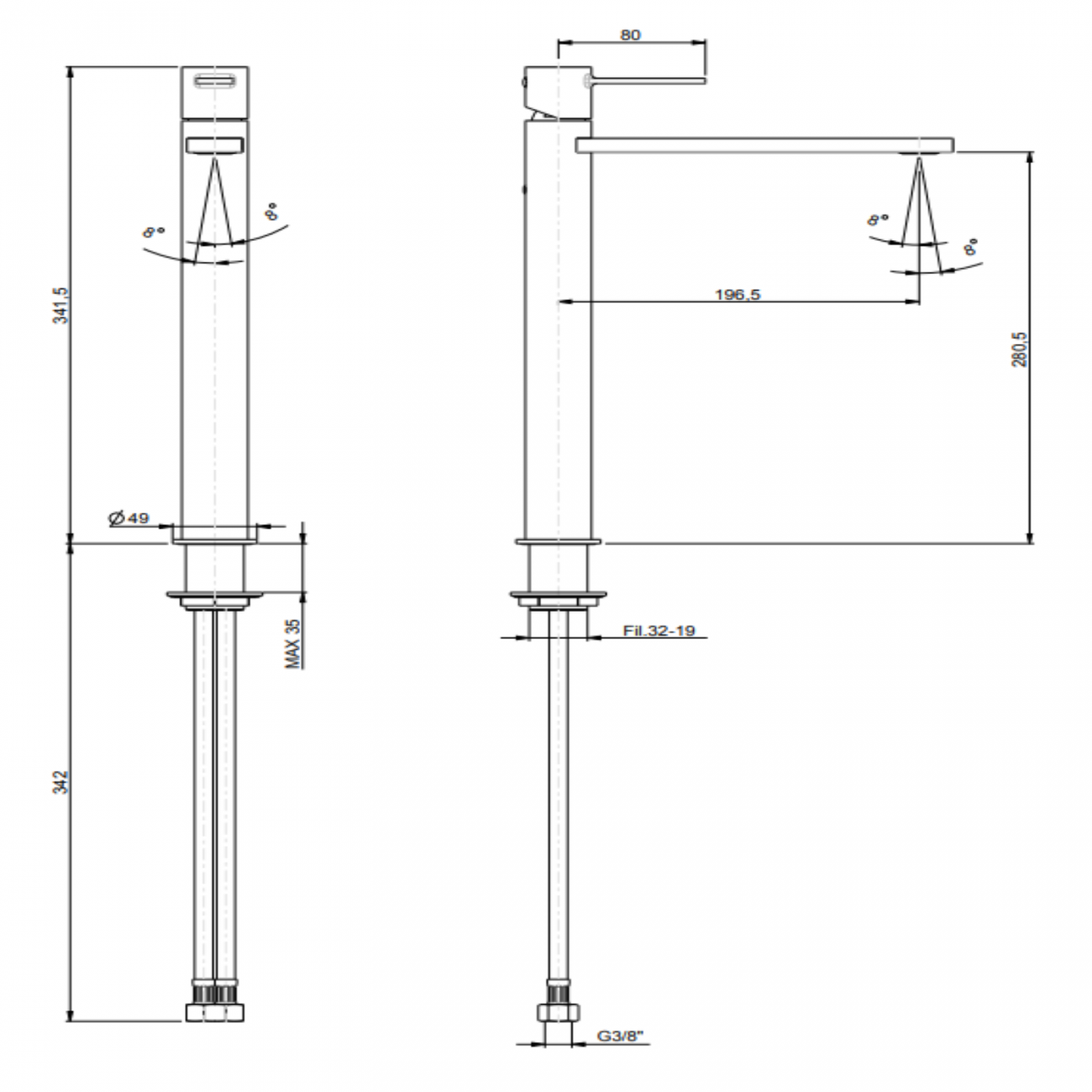 F.lli Frattini Gaia, High version single-lever washbasin mixer without waste