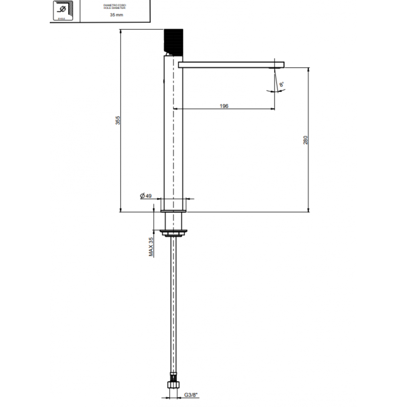 F.lli Frattini Gaia S, Mitigeur de lavabo haut sans vidage