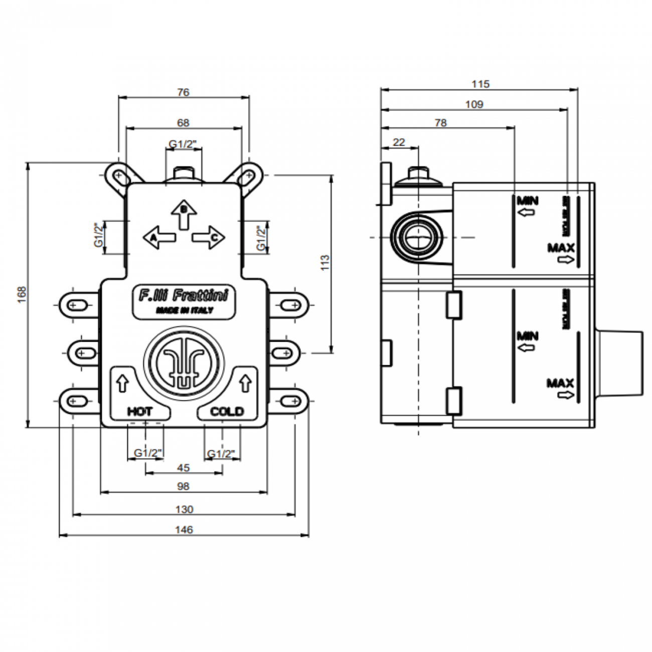 F.lli Frattini Gaia, Single-lever recessed 2-way, brass plate