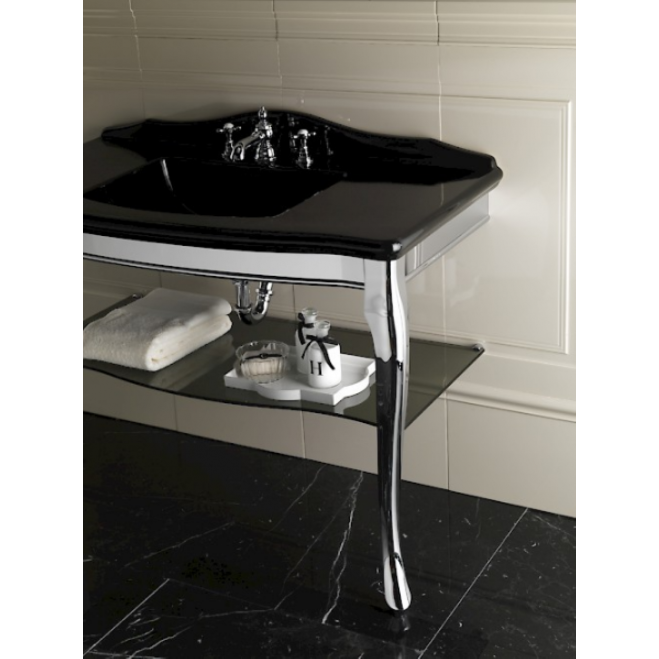 Devon&Devon Jacqueline, Console with marble top Marquinia, underfloor sink Westmister in porcelain