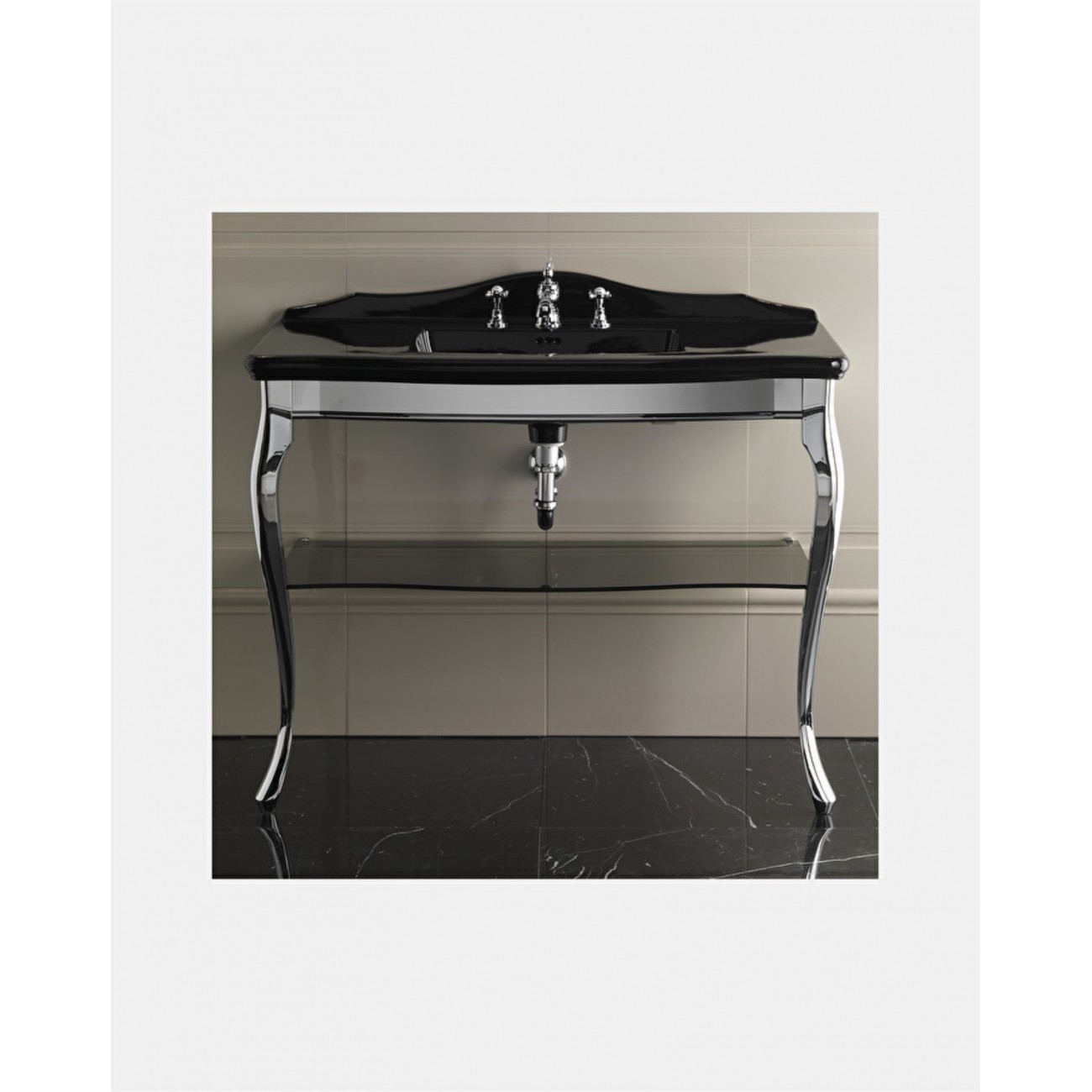 Devon&Devon Jacqueline, Console with marble and porcelain top Nero Assoluto, underfloor sink Westminster in porcelain