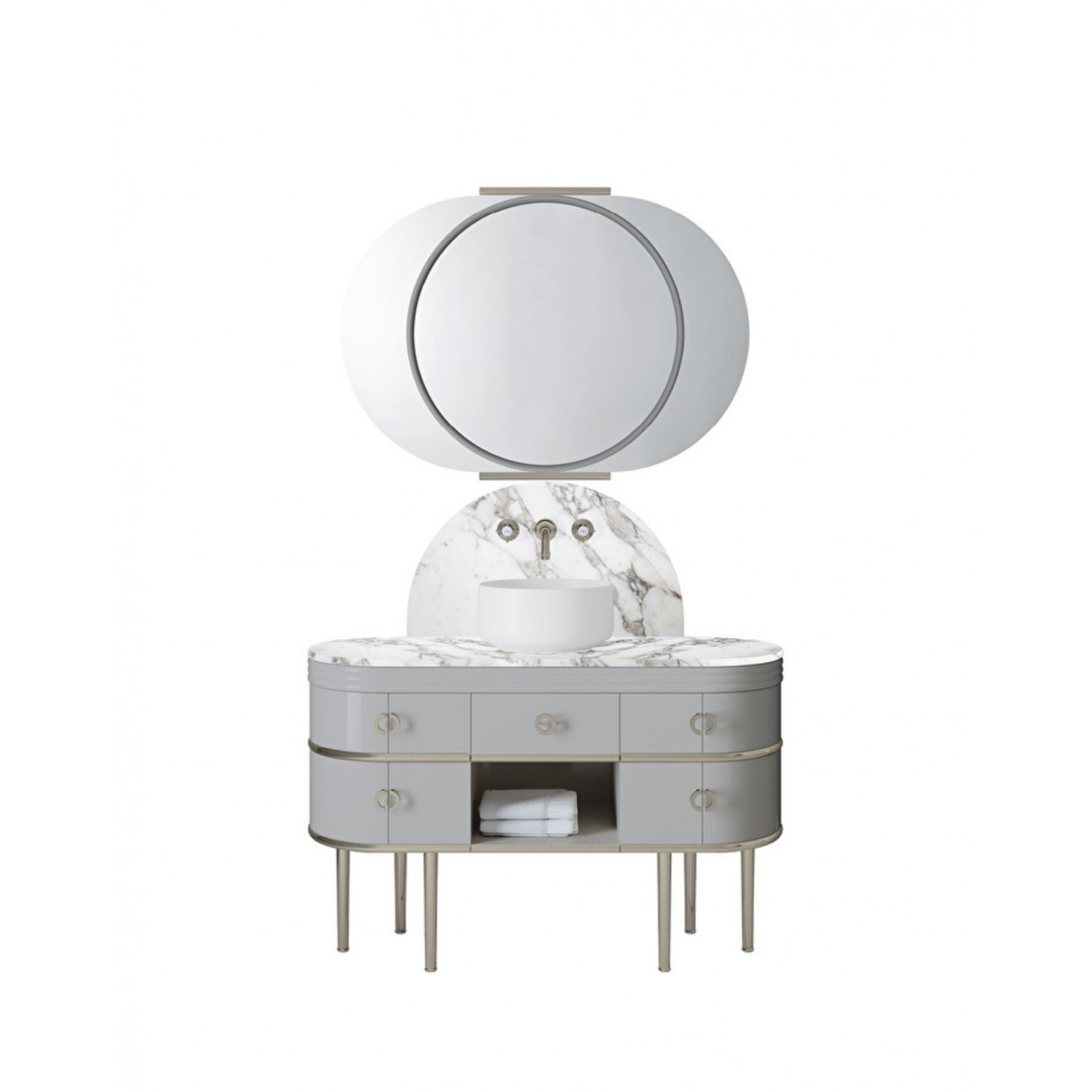 Devon&Devon Scottie, Porte-meuble warm grey et piano Calacatta Oro