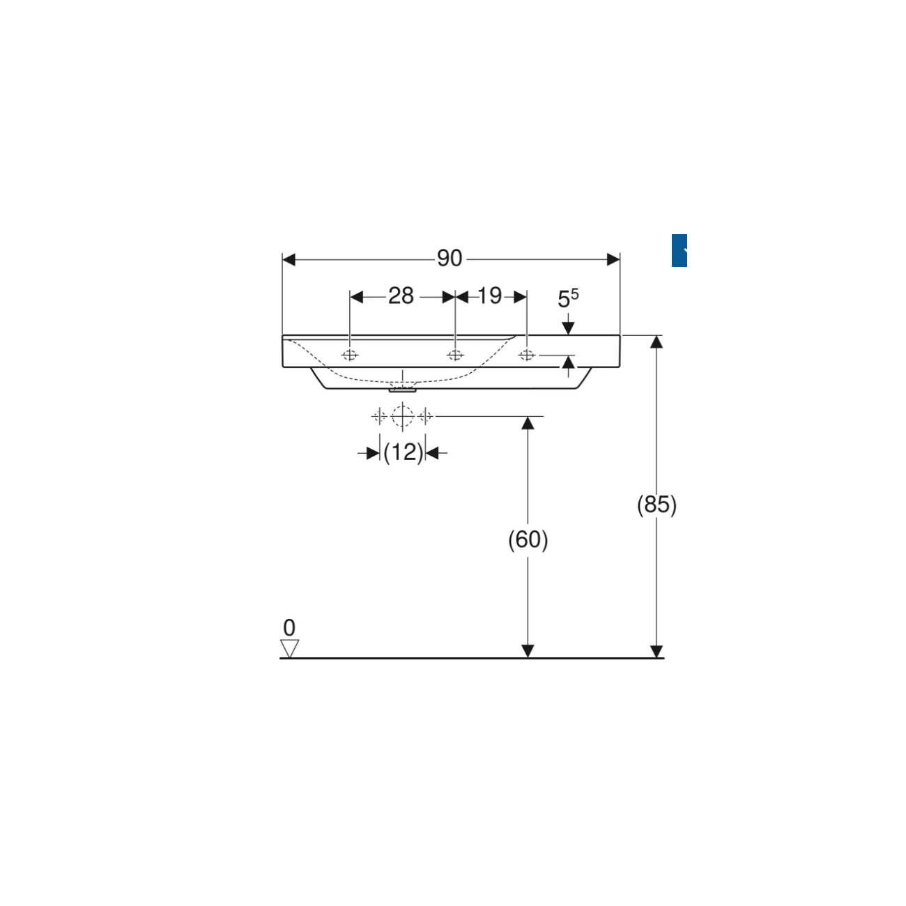 Geberit Xeno², Washbasin asymmetric to the right 90 cm