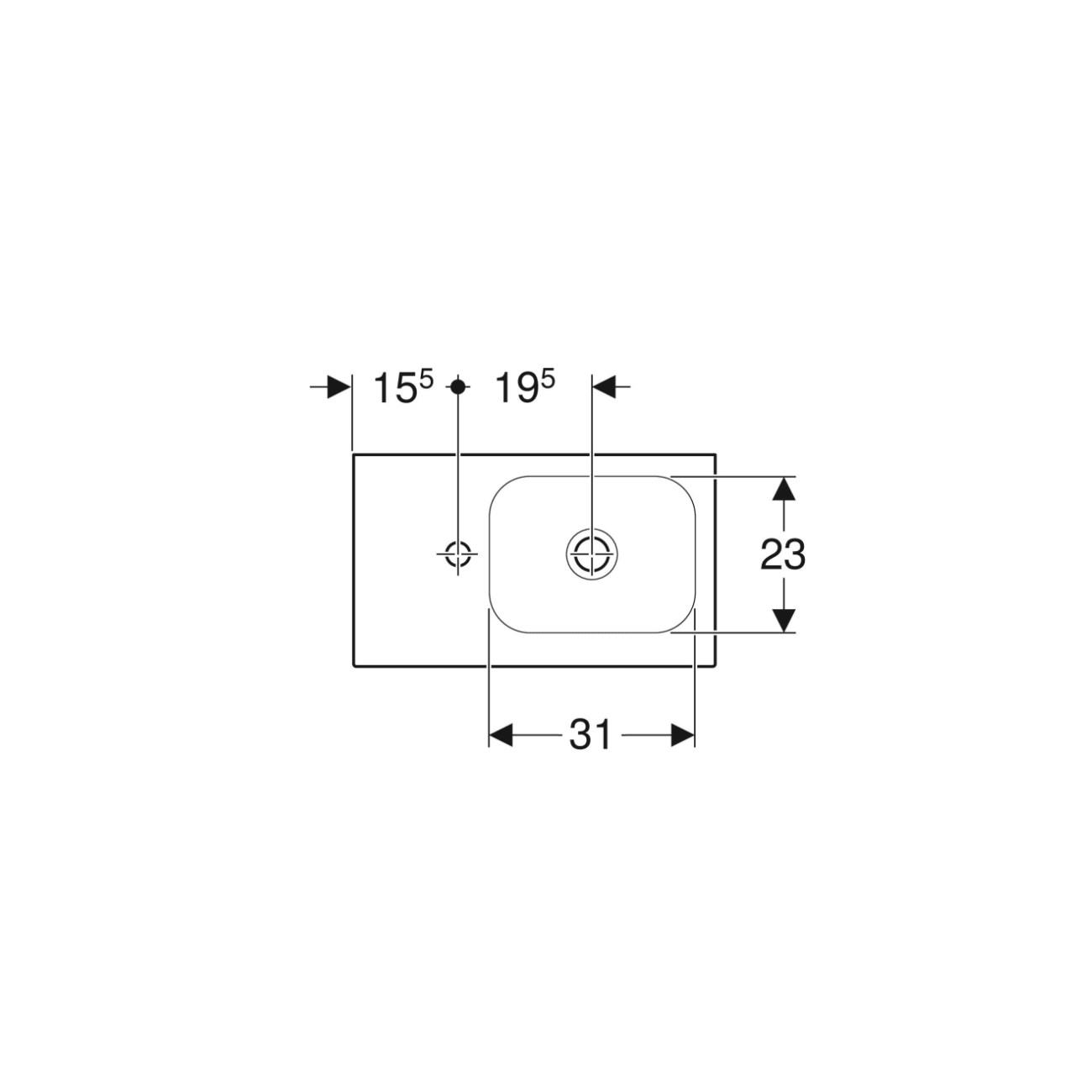 Geberit iCon, Hand wash with shelf 53 cm asymmetric left with hole