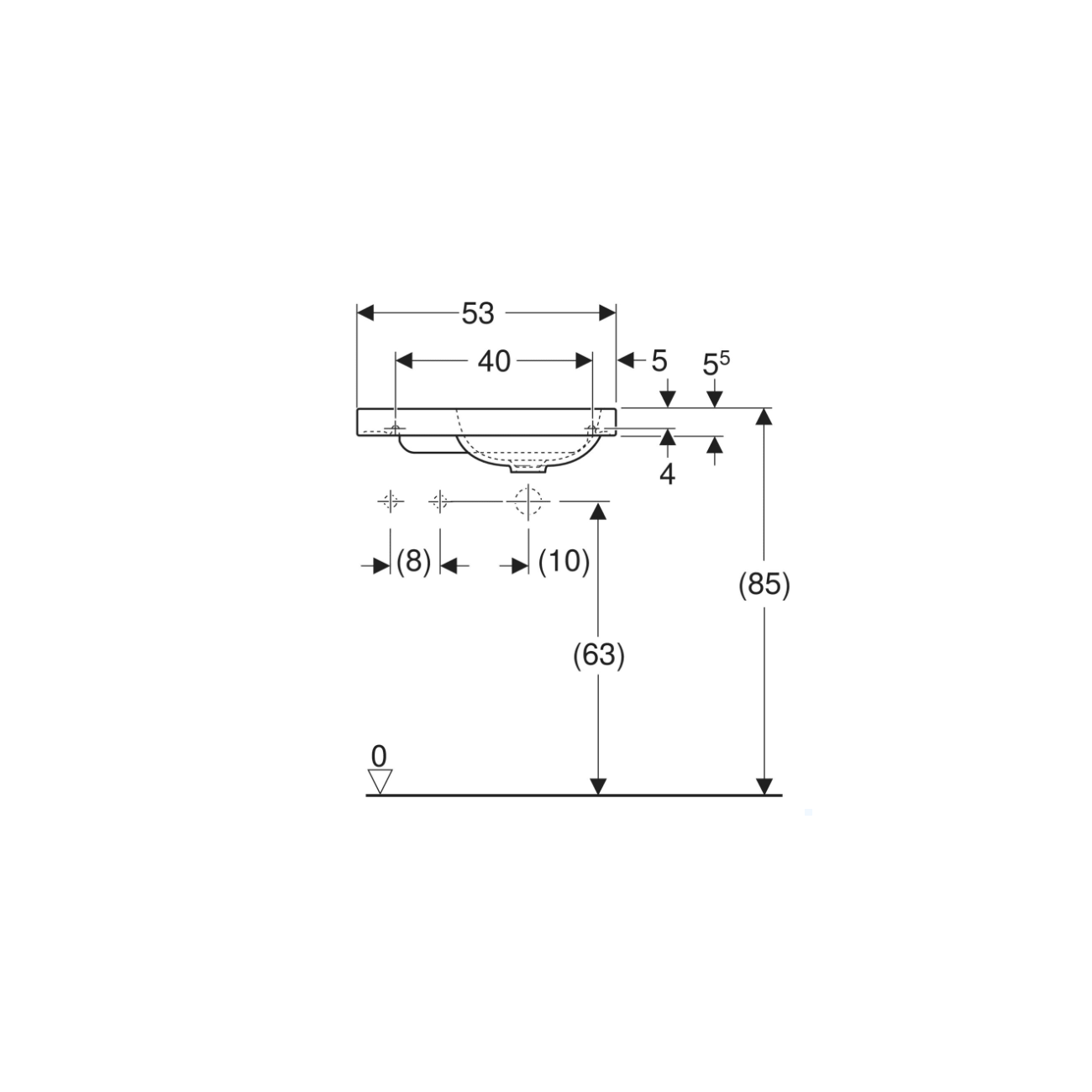 Geberit iCon, Hand wash with shelf 53 cm asymmetric left with hole