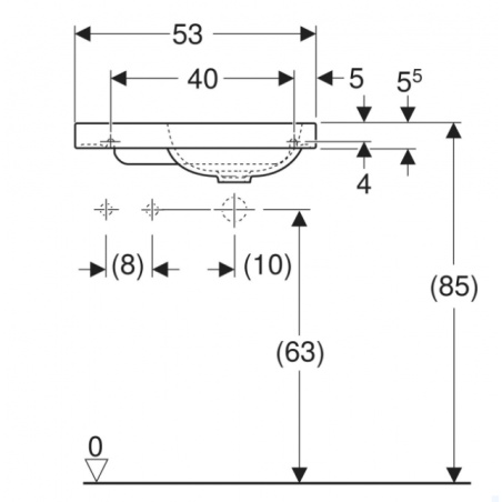 Geberit iCon, Lavamani con ripiano 53 cm asimmetrico a sinistra con foro