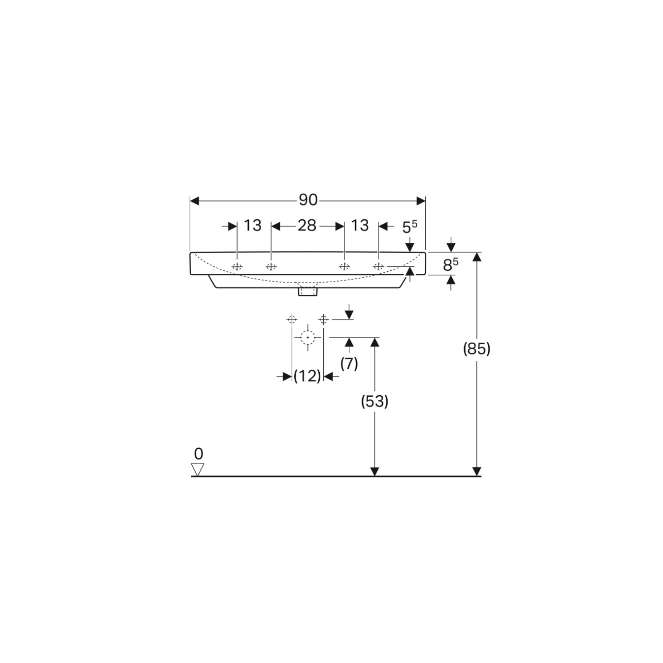 Geberit Smyle cm 90, Evier rectangulaire sans trou de robinetterie