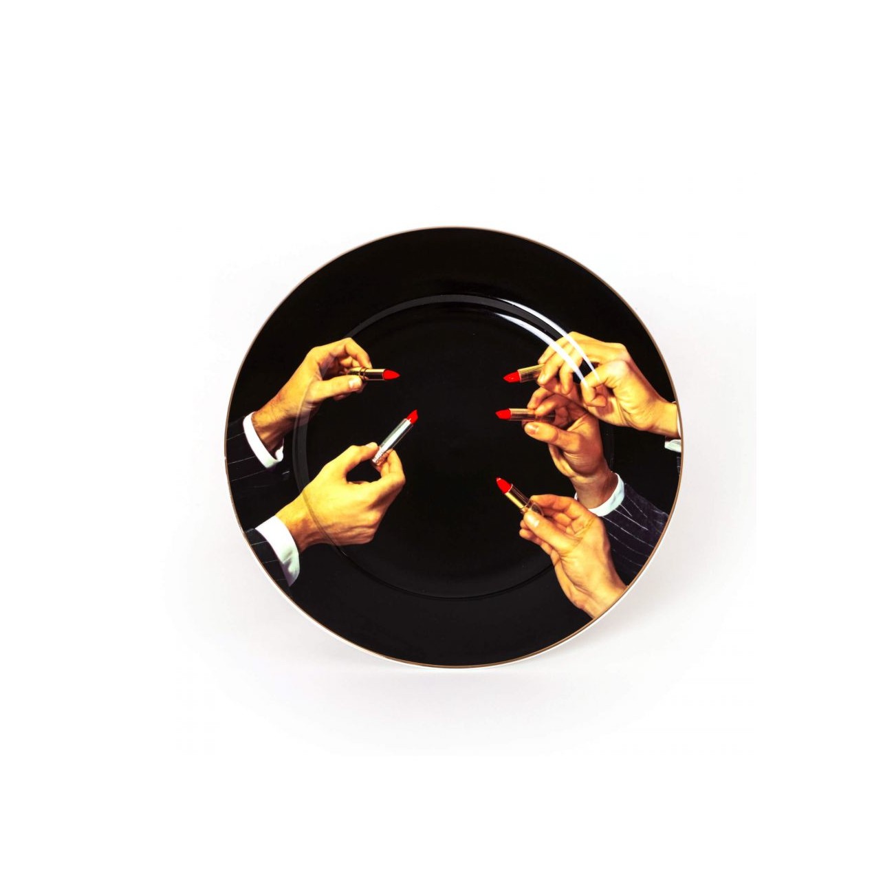 SELETTI PORCELAIN PLATES Assiette en Porcelaine Rouge à Lèvres Noir Bord Doré