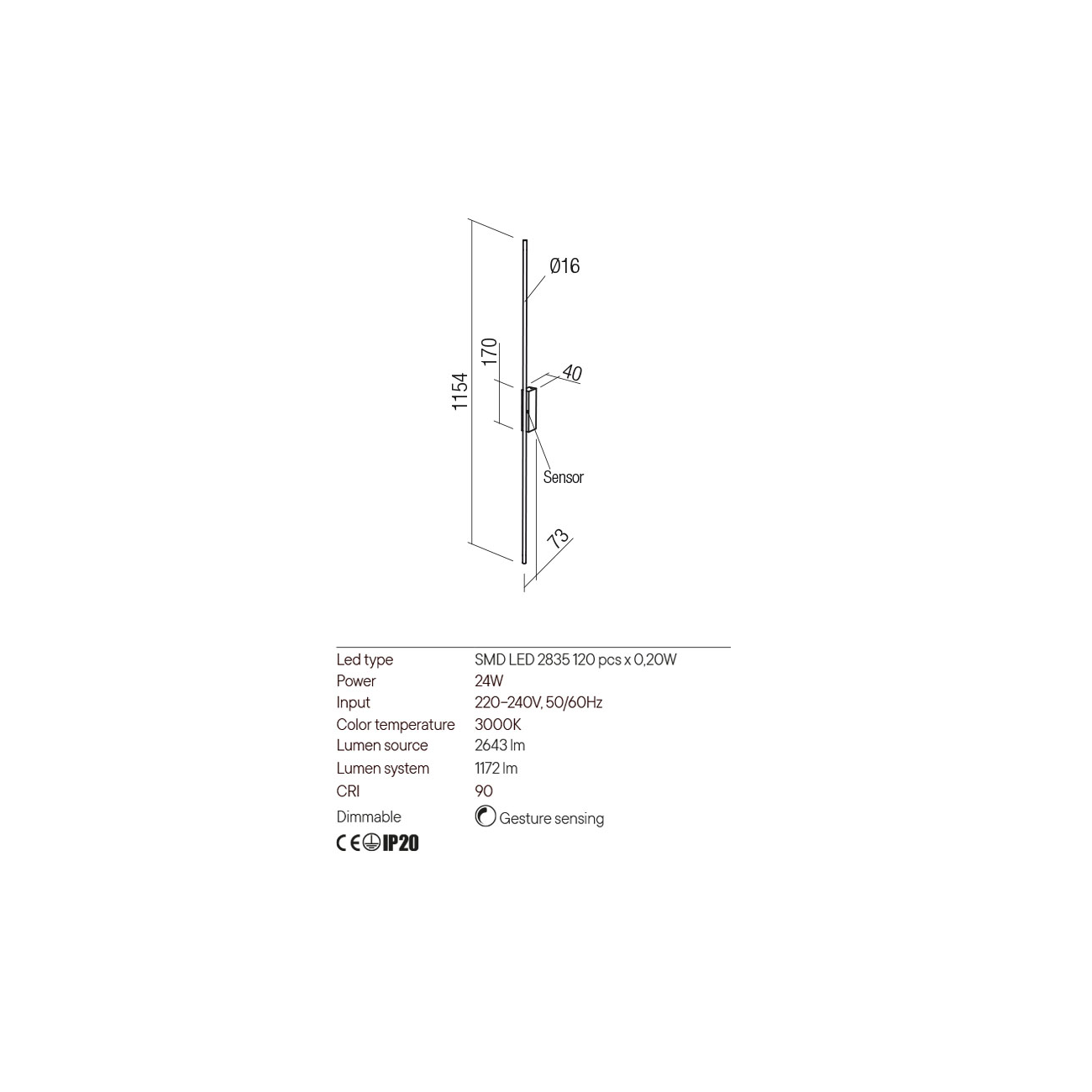 Redo Group STICK - Applique avec capteur (1154x73x40)