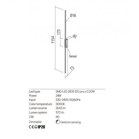 Redo Group STICK - Wall lamp with sensor (1154x73x40)