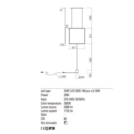 Redo Group Slick - Suspension lamp/ floor lamps quare (length 617)