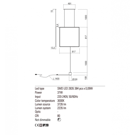 Redo Group Slick - Suspension lamp/ floor lamps quare (length 817)