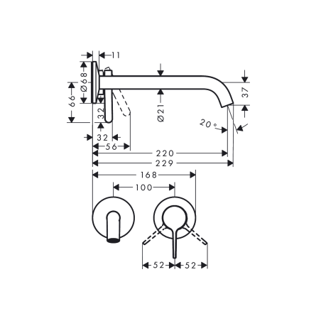 AXOR One - Wall mounted single lever basin mixer with lever handle and spout 220 mm