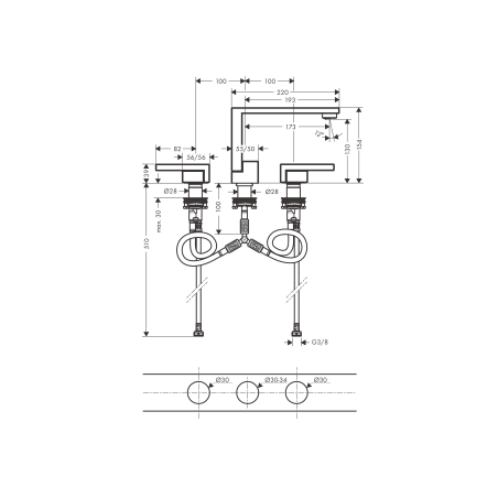 AXOR Edge - Taps 3 holes washbasin 130 with push-open diamond cut